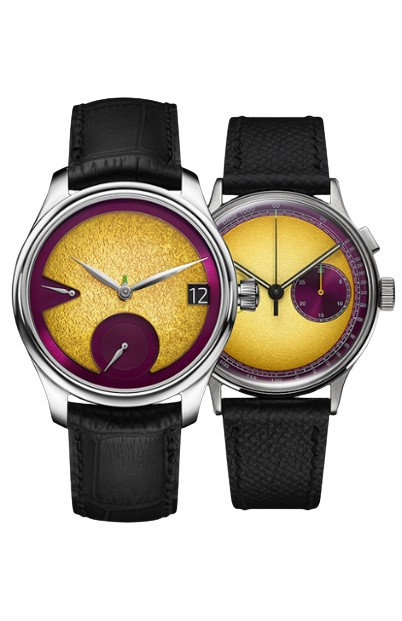 H. Moser Endeavour Perpetual Calendar Passion Fruit, référence 1800-1200, Studio Underd0g 03SERIES Passi0n Fruit, référence 03PFB, modèle en acier, cadran Coarse Dégradé Amber et Royal Purple, bracelet en cuir de veau d'epsom noir, édition limitée de 100 pièces