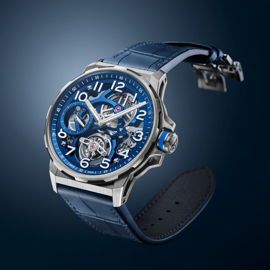 Angelus flying tourbillon titanium blue alligator 3 4